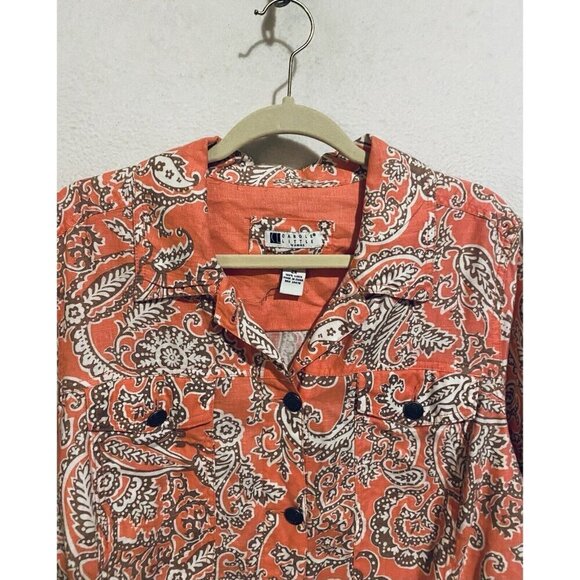 Carole Little Jacket Womens 2X Pink Brown Paisley Linen Metal Buttons Western - Picture 2 of 5